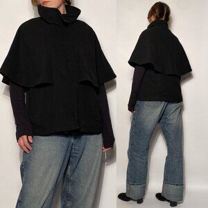 Y2k Indie Sleaze Era Black Wool Funnel Neck Sleeveless Poncho CAPE Jacket! Large